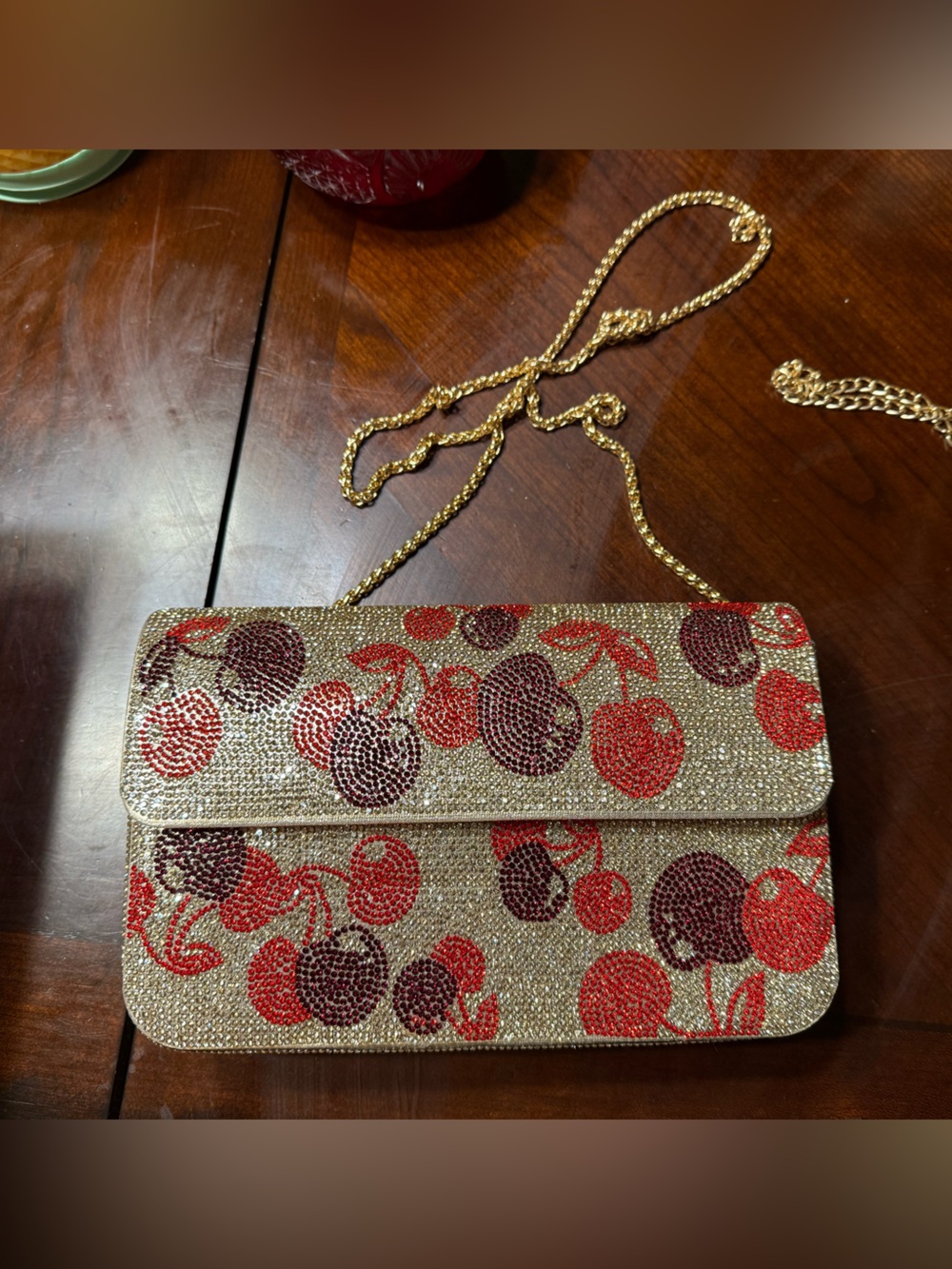 NWOT Viral Gold Crystal Cherry-Print Chain Shoulder Bag x Anna & Elle